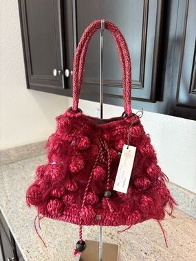 Textured Red Pom-Pom Shoulder Bag